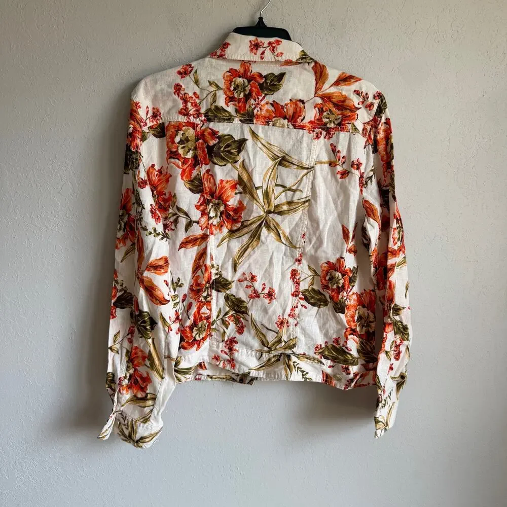 Joie 100% Linen Cream Orange Floral Button Down Collared Jacket Womens XL - Picture 6 of 6